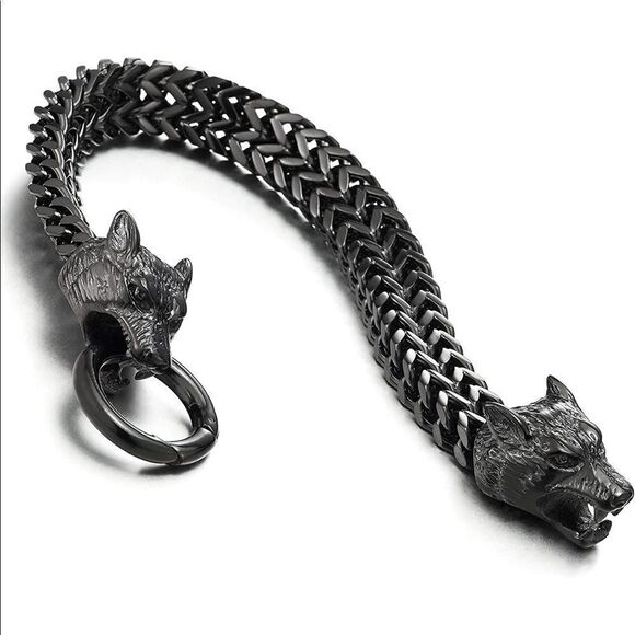 Men’s Black Thick Wolf Head Link Chain Bracelet - Picture 3 of 10